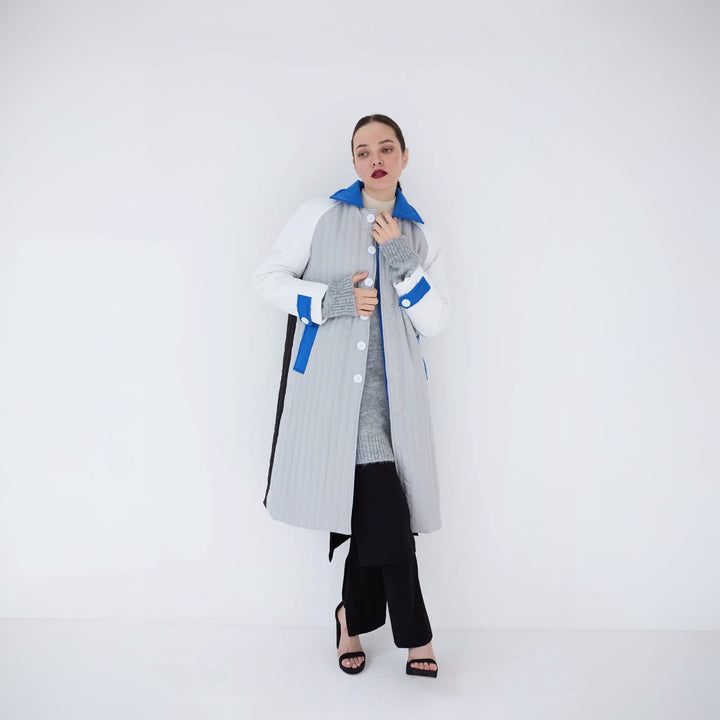 White Grey Blue Patchwork Colour Block Quilt Long Jacket