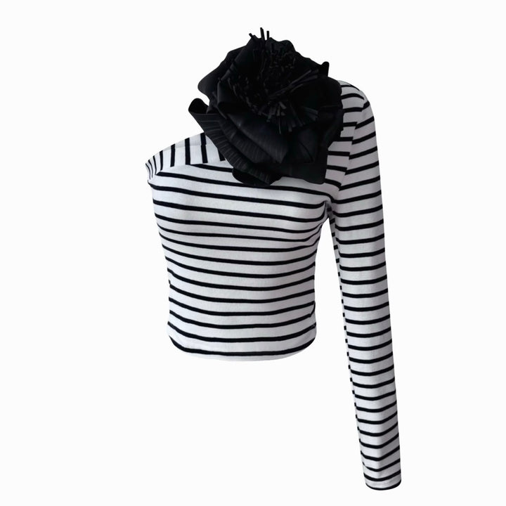 Striped One Sleeve Top With Black Flower Pin
