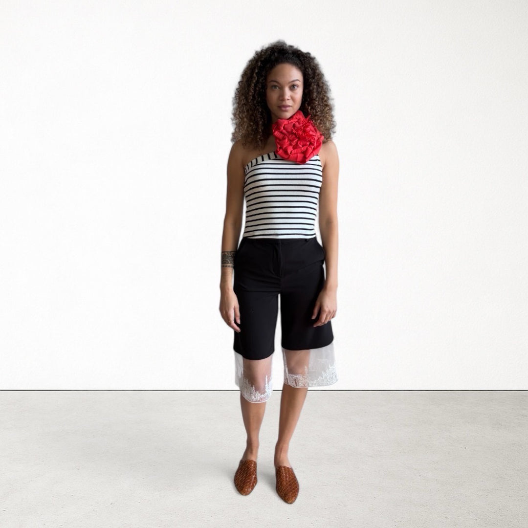 Striped One Shoulder Top With Red Flower Pin