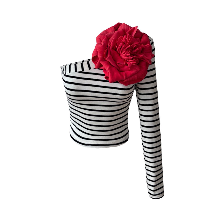 Striped One Sleeve Top With Red Flower Pin