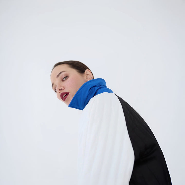 White Grey Blue Patchwork Colour Block Quilt Long Jacket