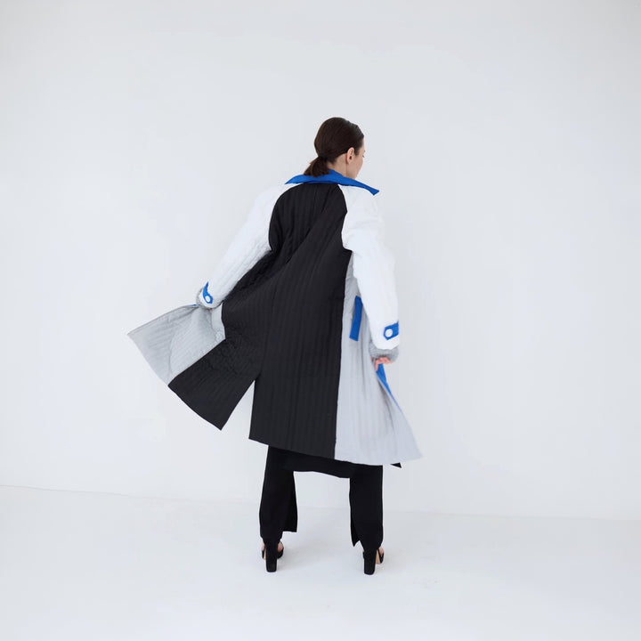 White Grey Blue Patchwork Colour Block Quilt Long Jacket