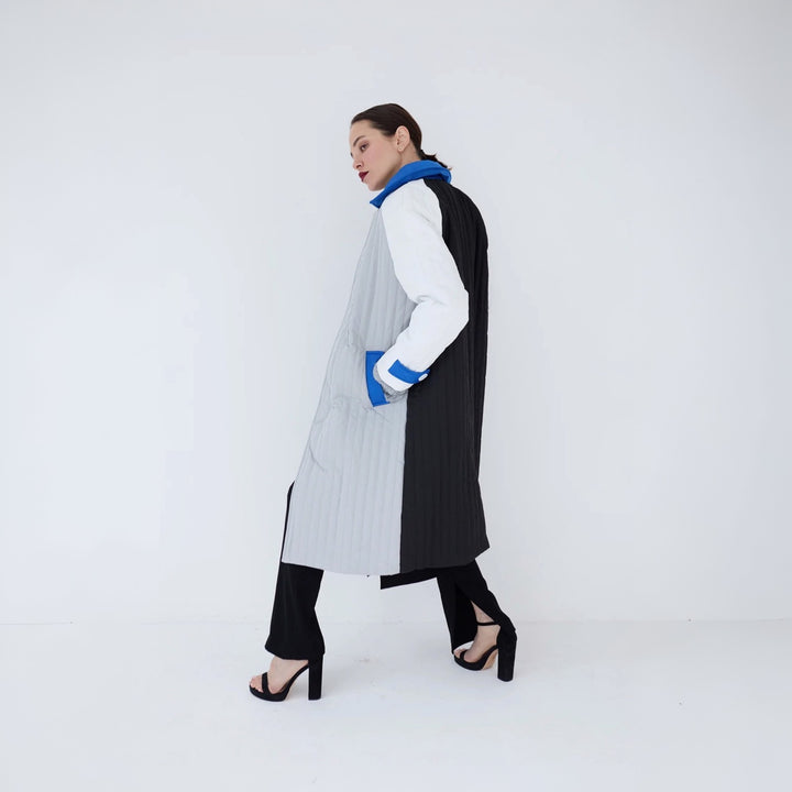 White Grey Blue Patchwork Colour Block Quilt Long Jacket