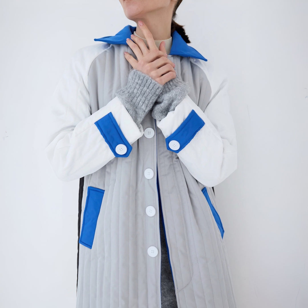 White Grey Blue Patchwork Colour Block Quilt Long Jacket