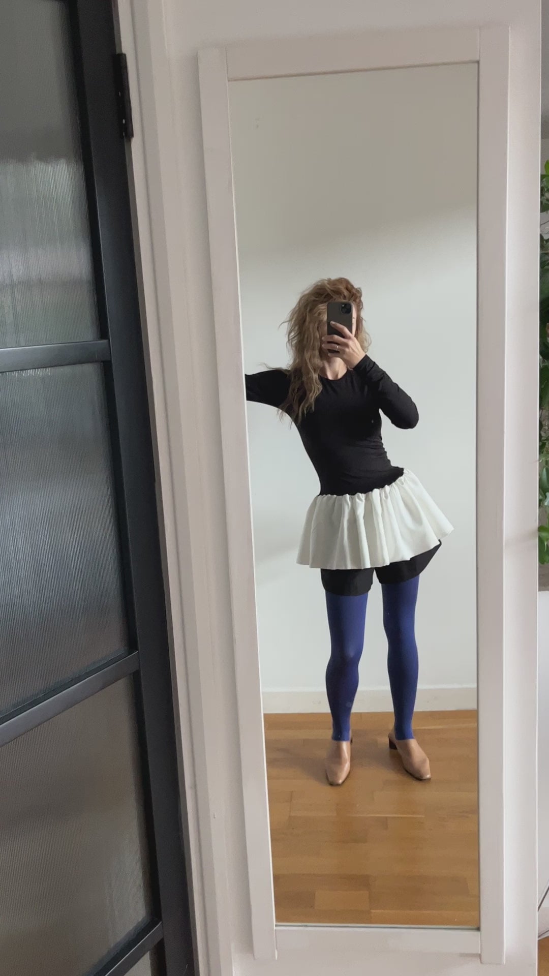 Black Top With White Balloon Ruffle Peplum