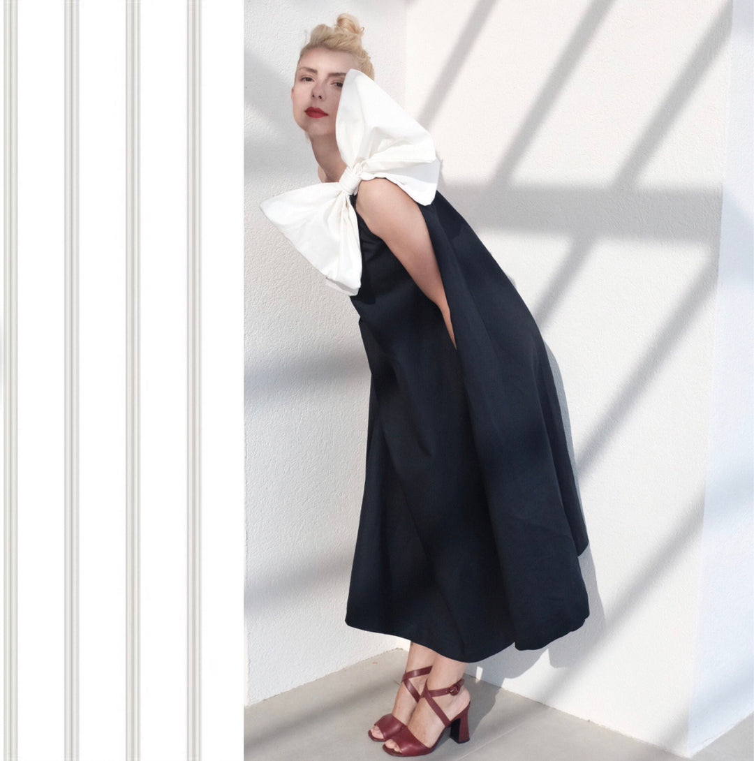 Navy Cloche Dress With One Shoulder White Bow
