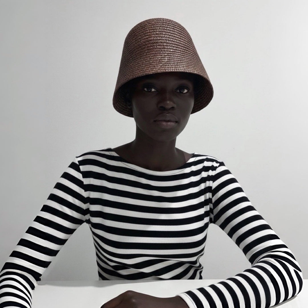 Straw pillbox hat with striped top