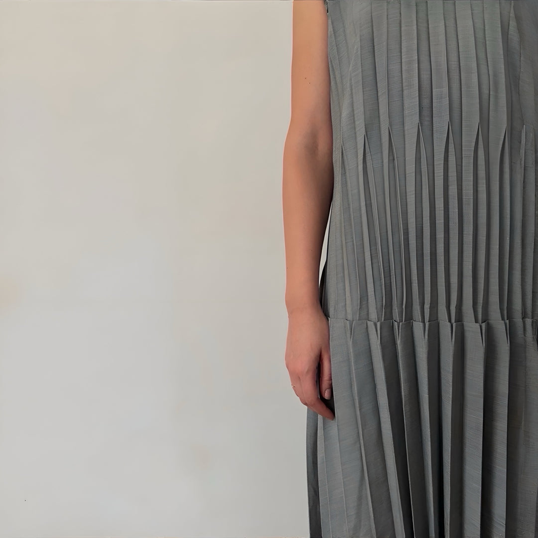 Grey Accordion Layer Pleated Midi Dress