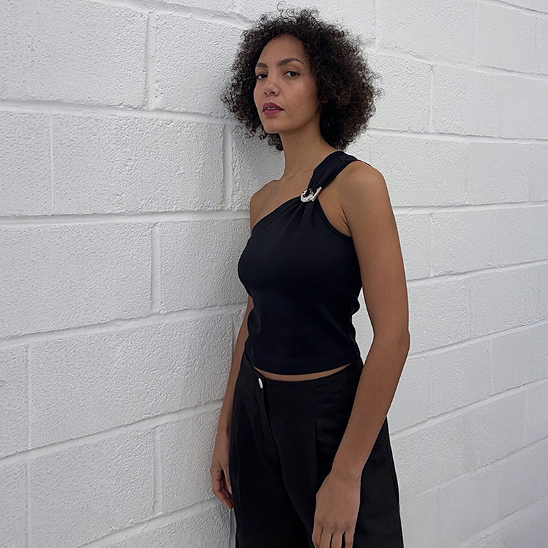 Black One Shoulder Top With Brooch