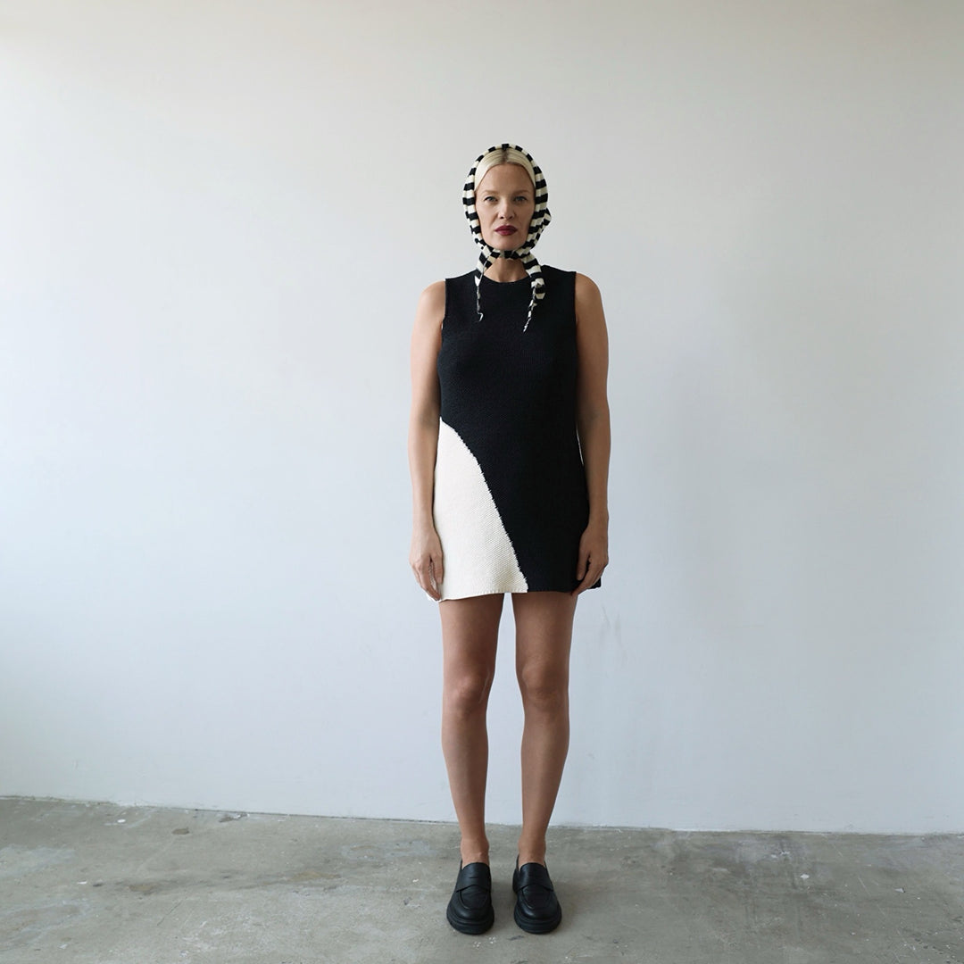 Black and Beige Waffle Knit Short Dress