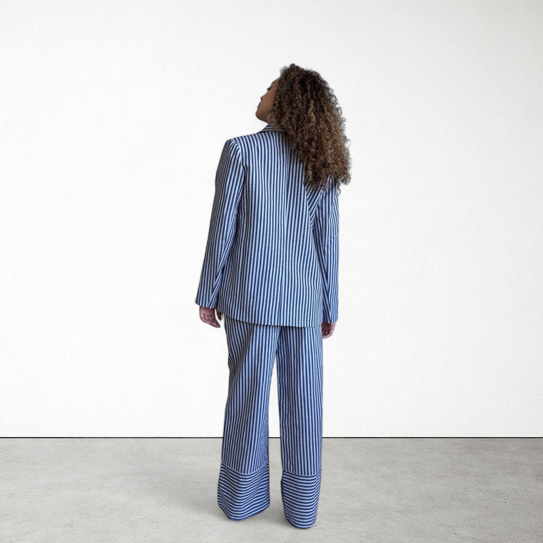 Blue White Striped Blazer Trousers Corset And Tote Bag Four Piece Set