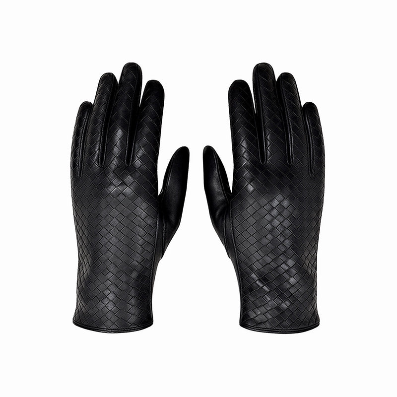 Black Woven Leather Short Gloves
