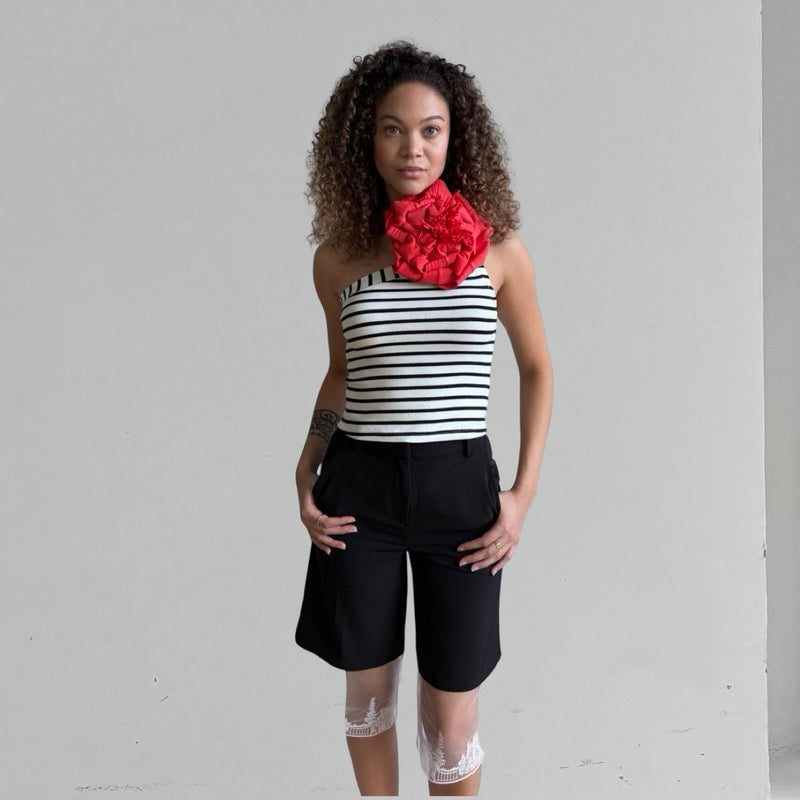 Striped One Shoulder Top With Red Flower Pin