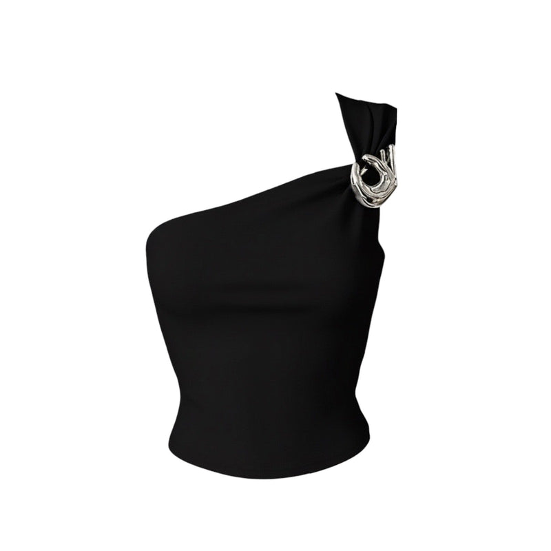 Black One Shoulder Top With Brooch
