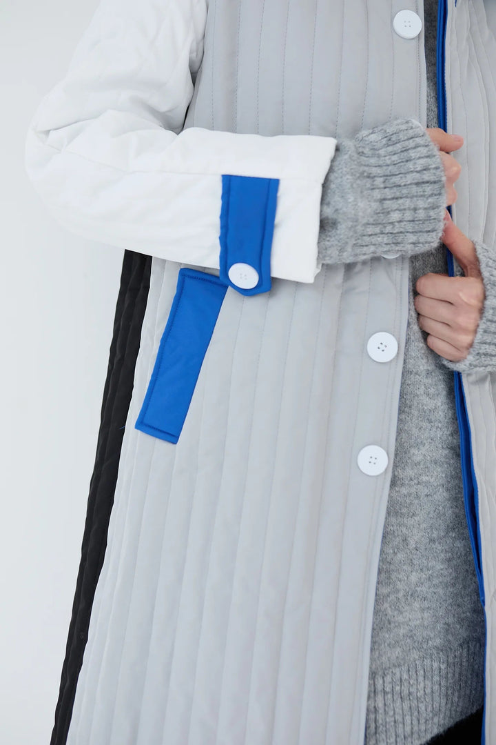 White Grey Blue Patchwork Colour Block Quilt Long Jacket