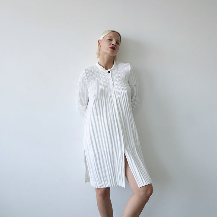 White Accordion Pleated Shirt Dress