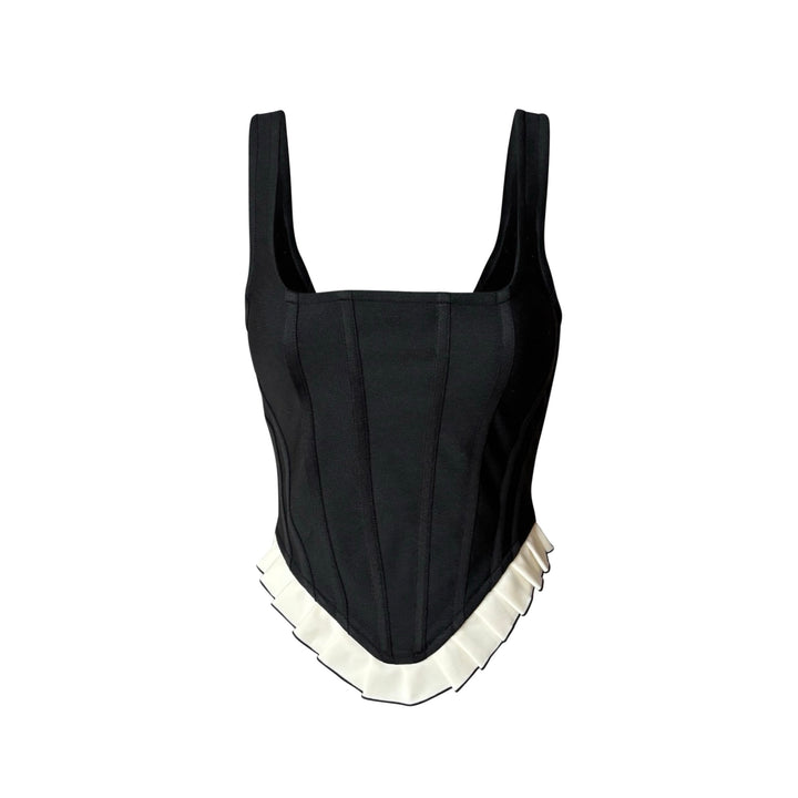 Black rib knit corset top with ruffle
