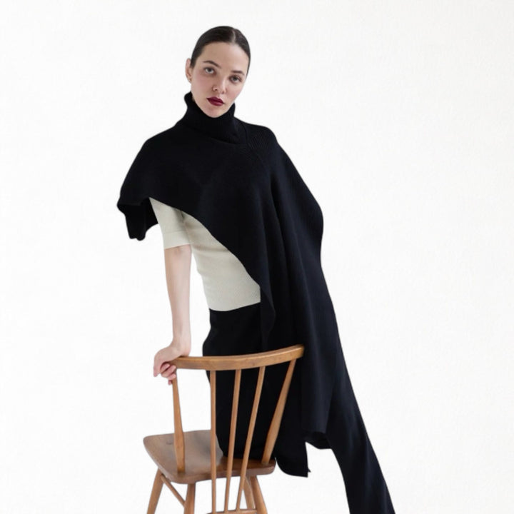 Black And Beige Two Piece Knit Shawl And Pullover