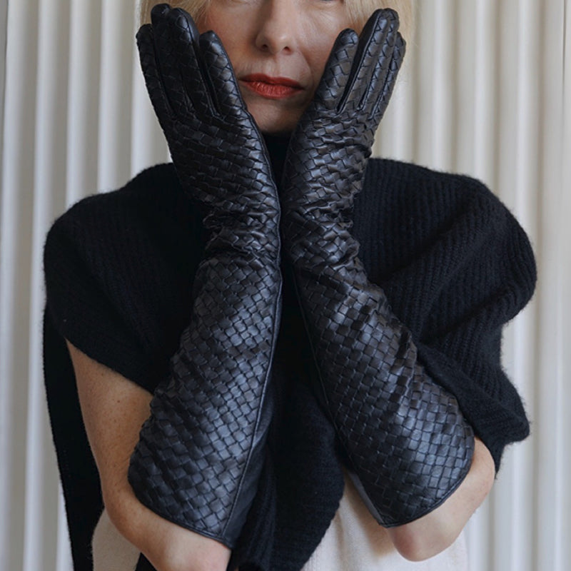 Black Woven Leather Long Gloves