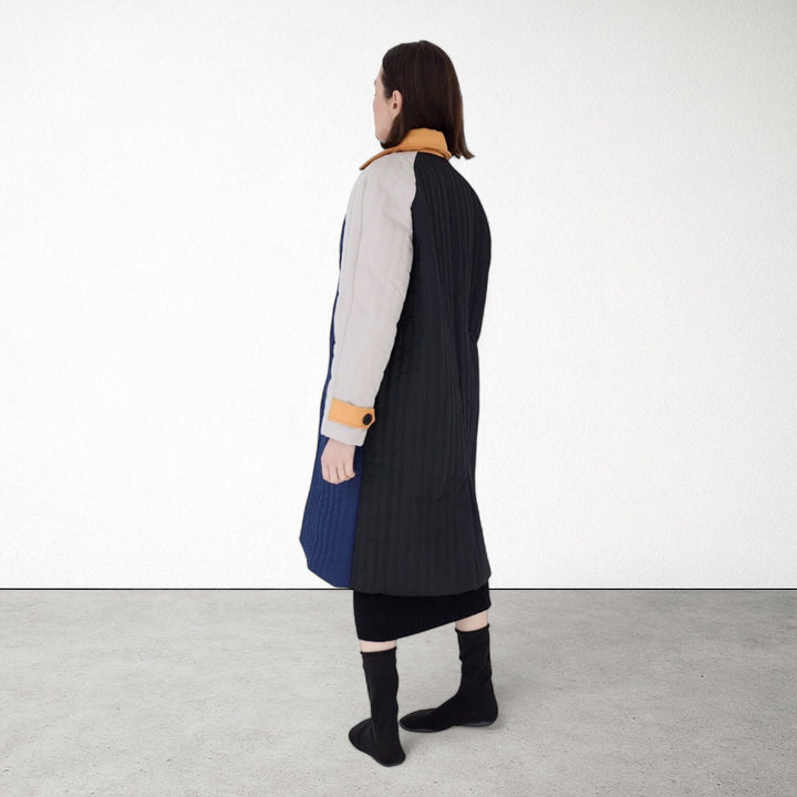 Navy Orange Patchwork Colour Block Quilt Long Jacket
