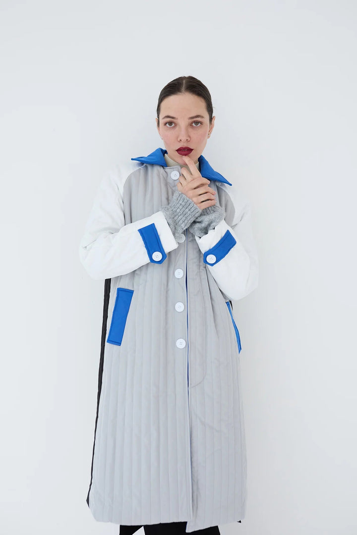 White Grey Blue Patchwork Colour Block Quilt Long Jacket