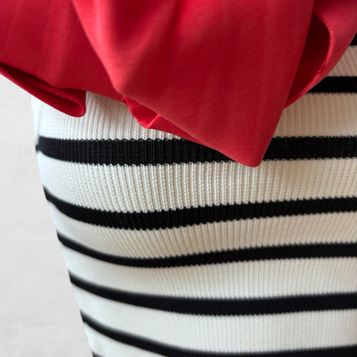 Striped one shoulder crop top with red flower pin