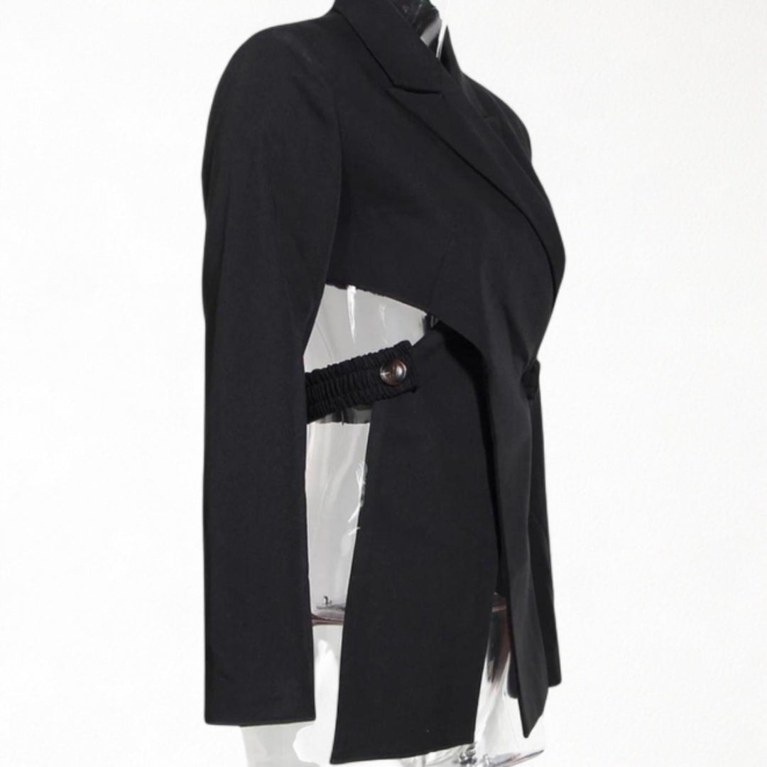 Reworked black blazer with wrap detail and cut out back