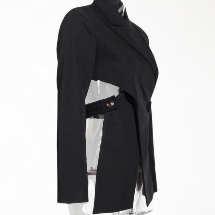 Reworked black blazer with wrap detail and cut out back