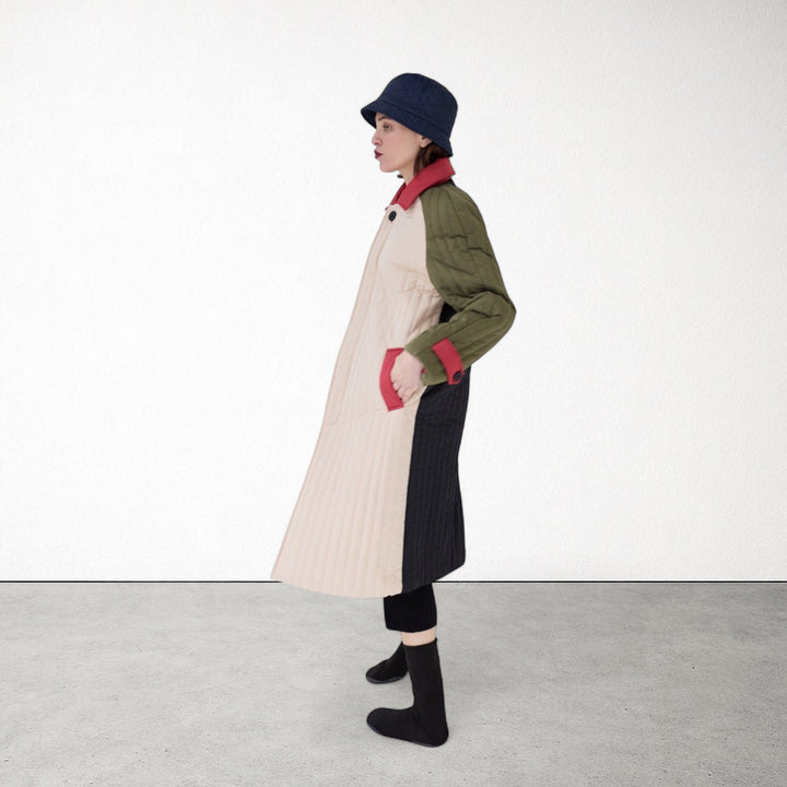 Beige Khaki Patchwork Color Block Quilt Long Jacket