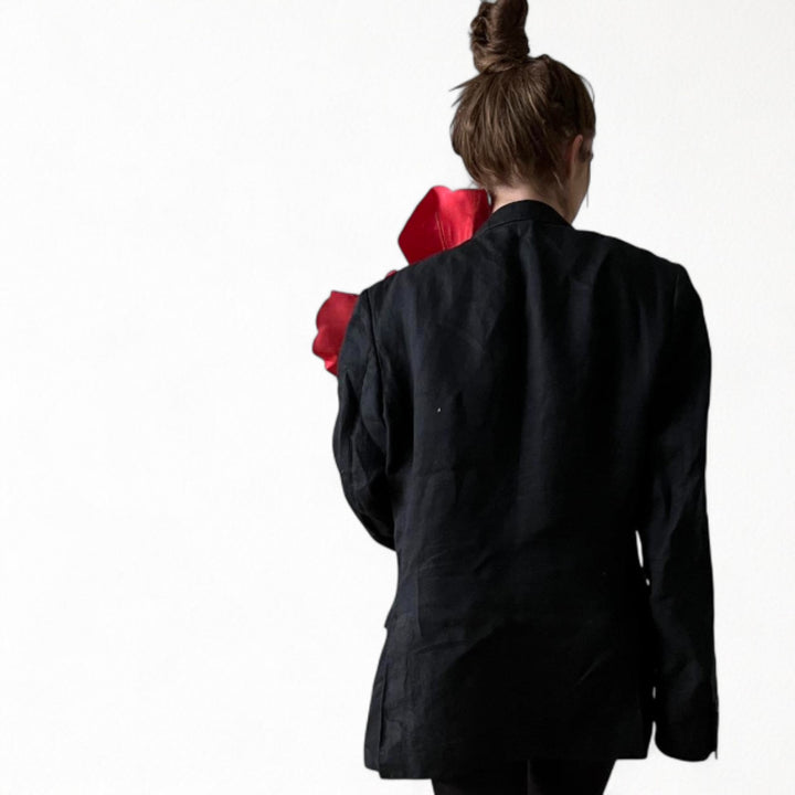 Reworked men's blazer with red flower pin