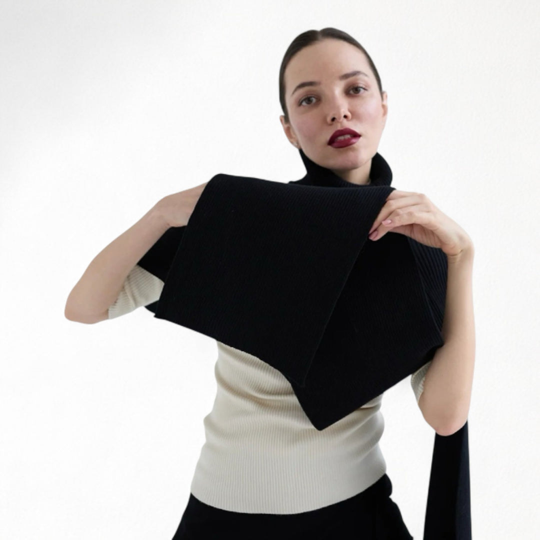 Black And Beige Two Piece Knit Shawl And Pullover