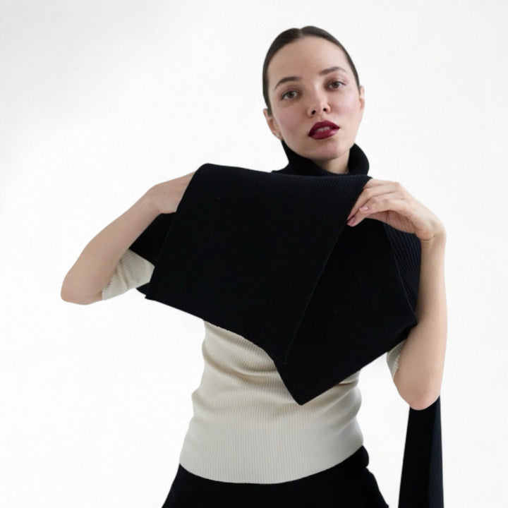Black And Beige Two Piece Knit Shawl And Pullover