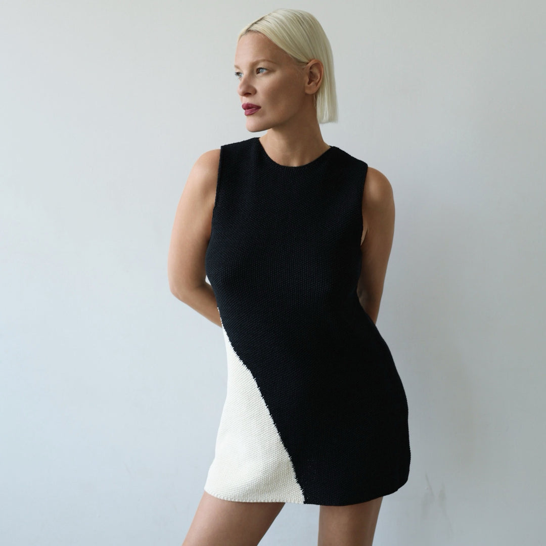 Black and Beige Waffle Knit Short Dress