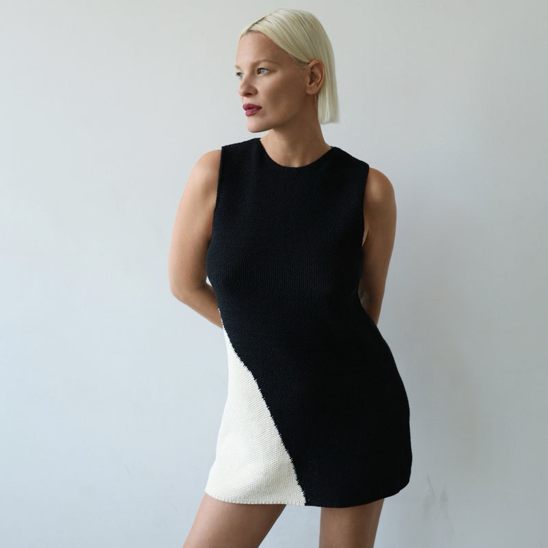 Black And Beige Waffle Knit Short Dress