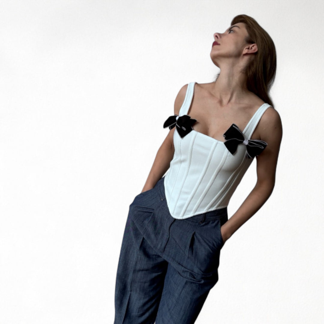 White rib knit corset top with bows