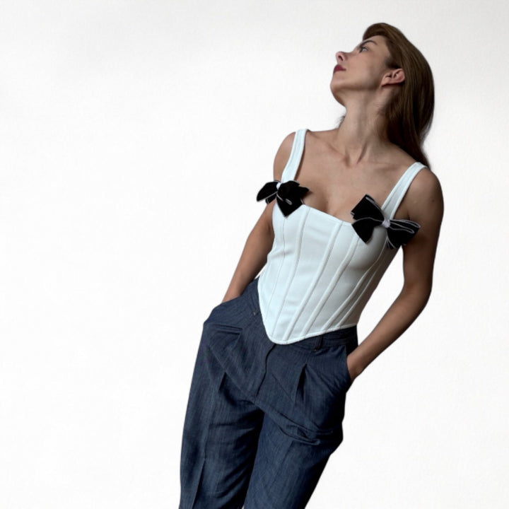 White rib knit corset top with bows