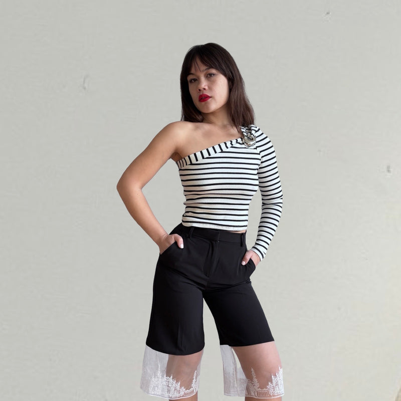 Striped One Sleeve Top With Metal Brooch