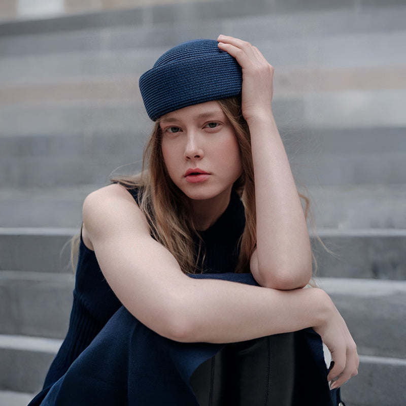 Navy Straw Pillbox Hat