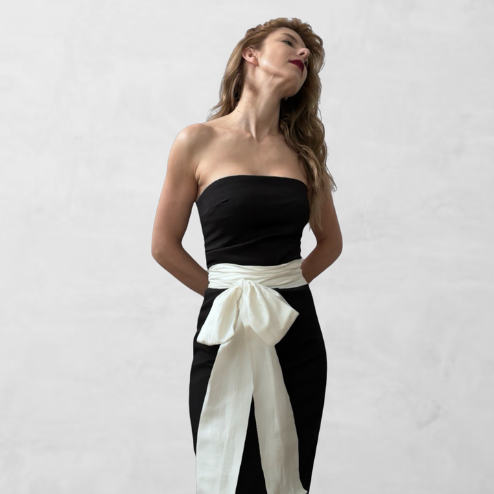 Black strapless dress with white ties