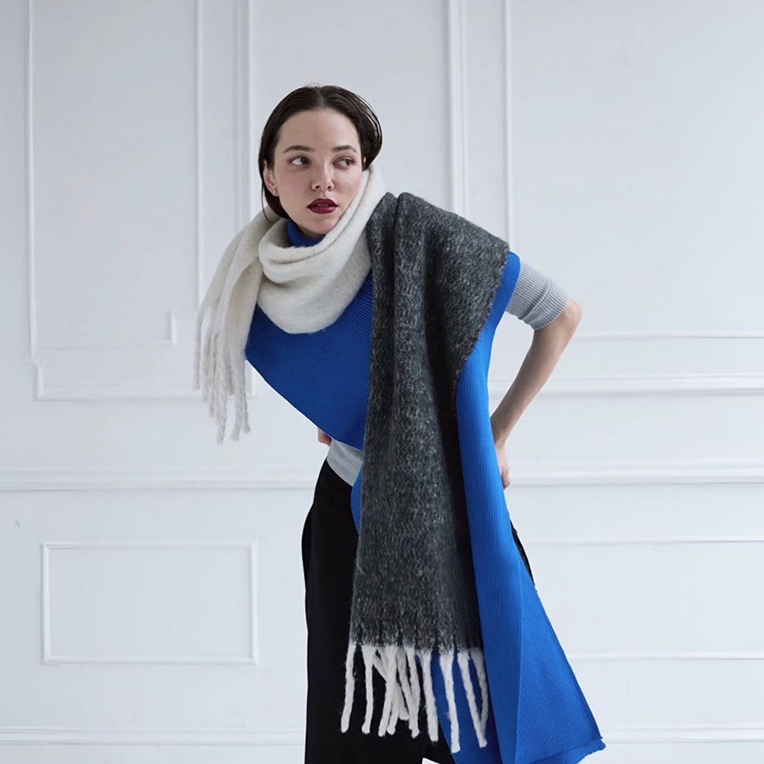 Wool Blend Grey Beige Two Tone Large Shawl