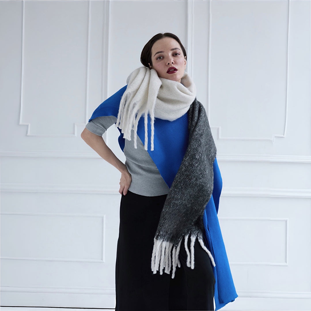Wool Blend Grey Beige Two Tone Large Shawl