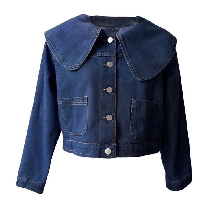 Blue cropped denim jacket with oversize peter pan collar