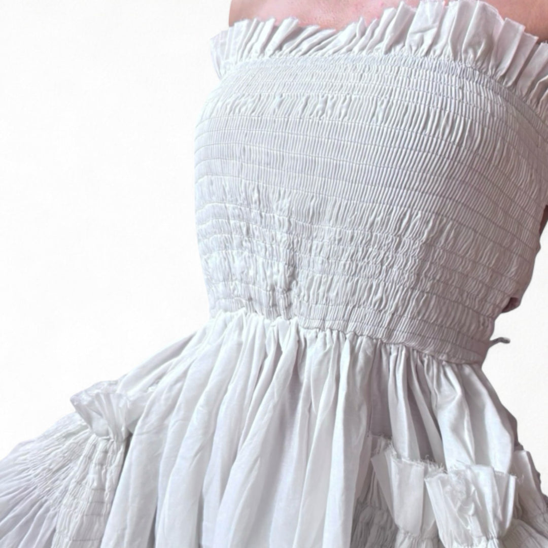 White cotton strapless smocked maxi dress