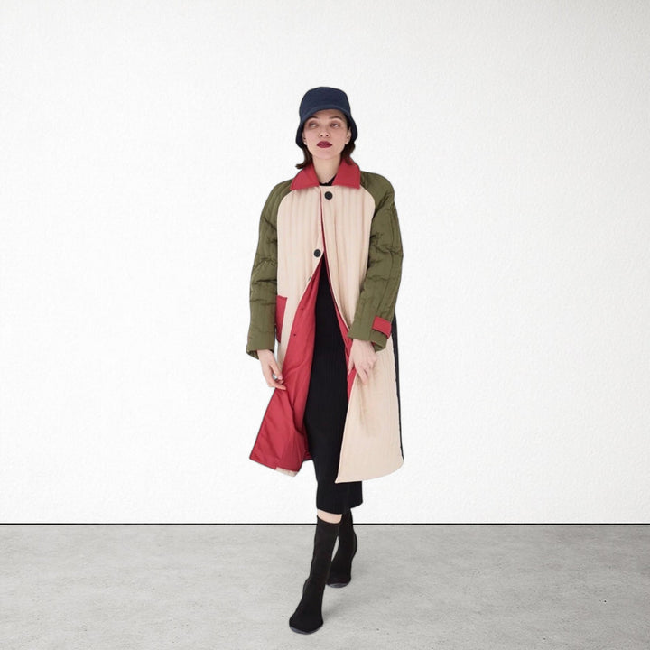 Beige Khaki Patchwork Color Block Quilt Long Jacket