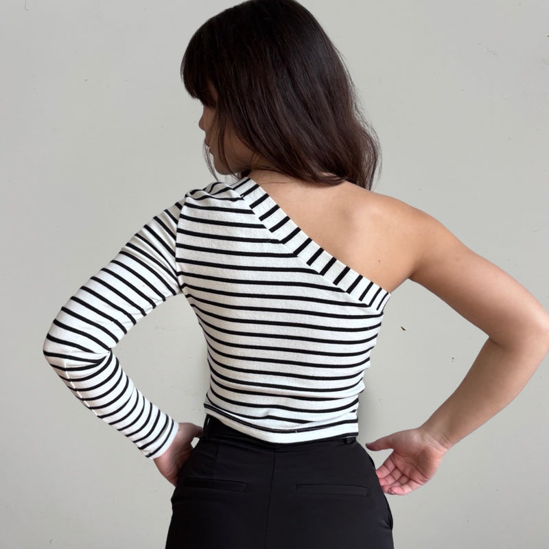 Striped One Sleeve Top With Metal Brooch