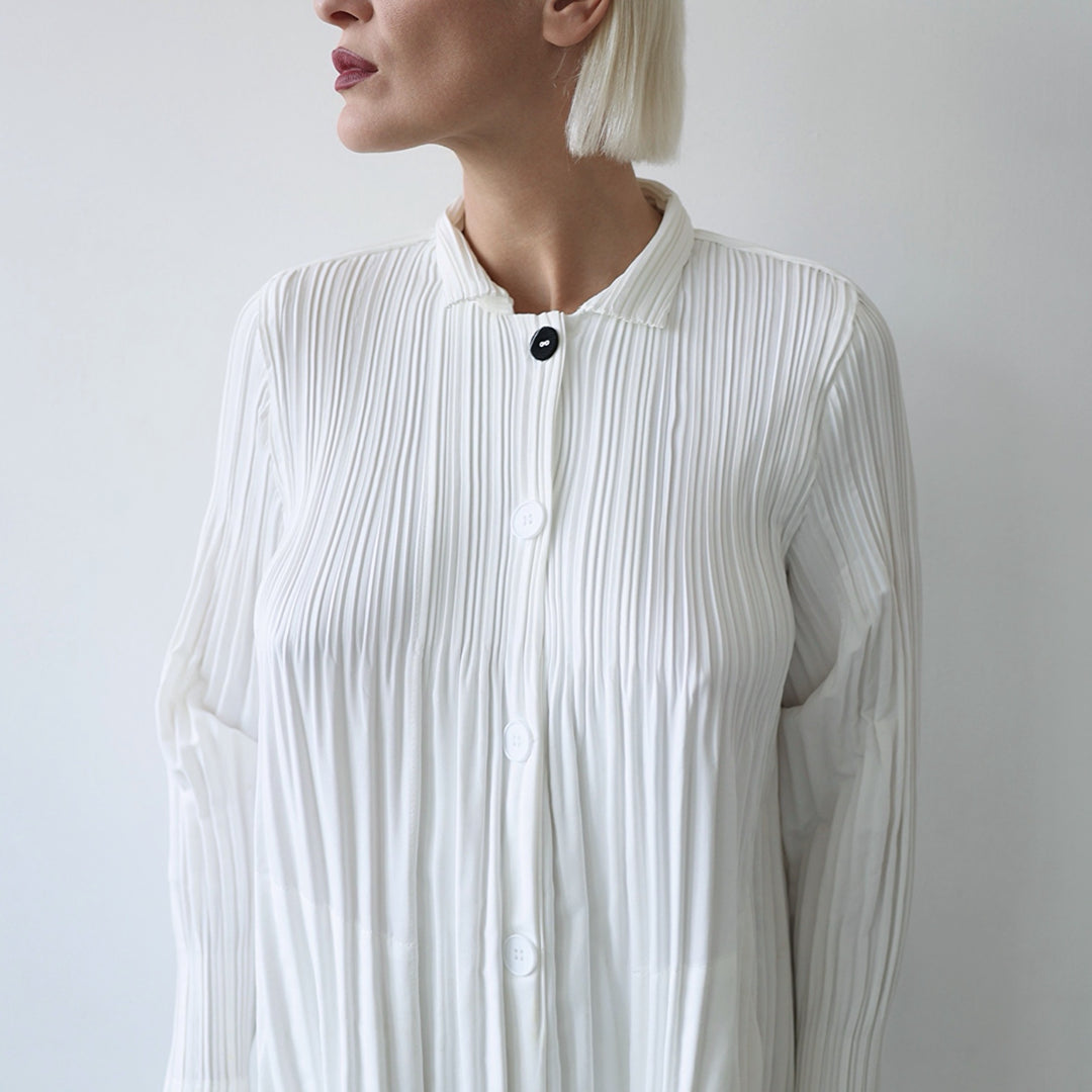White Accordion Pleated Shirt Dress