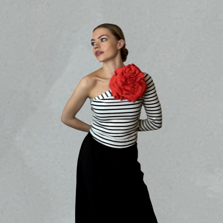 Striped One Sleeve Top With Red Flower Pin