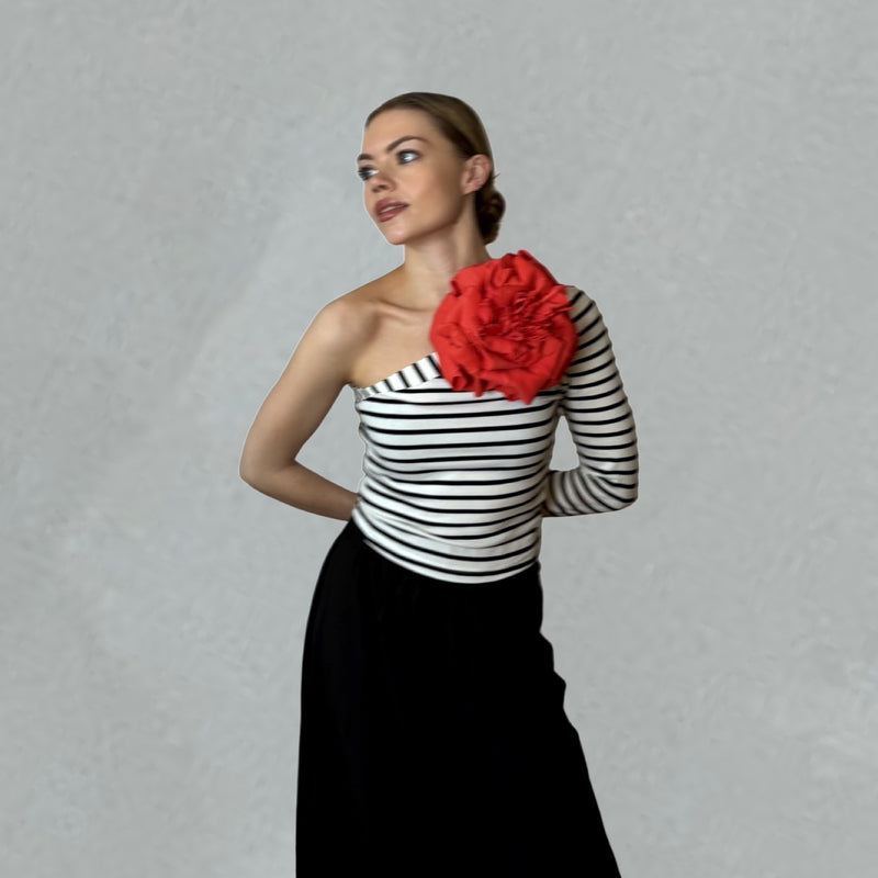 Striped One Sleeve Top With Red Flower Pin