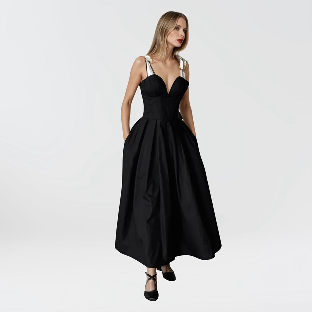 Black corset dress with contrasting trap ties
