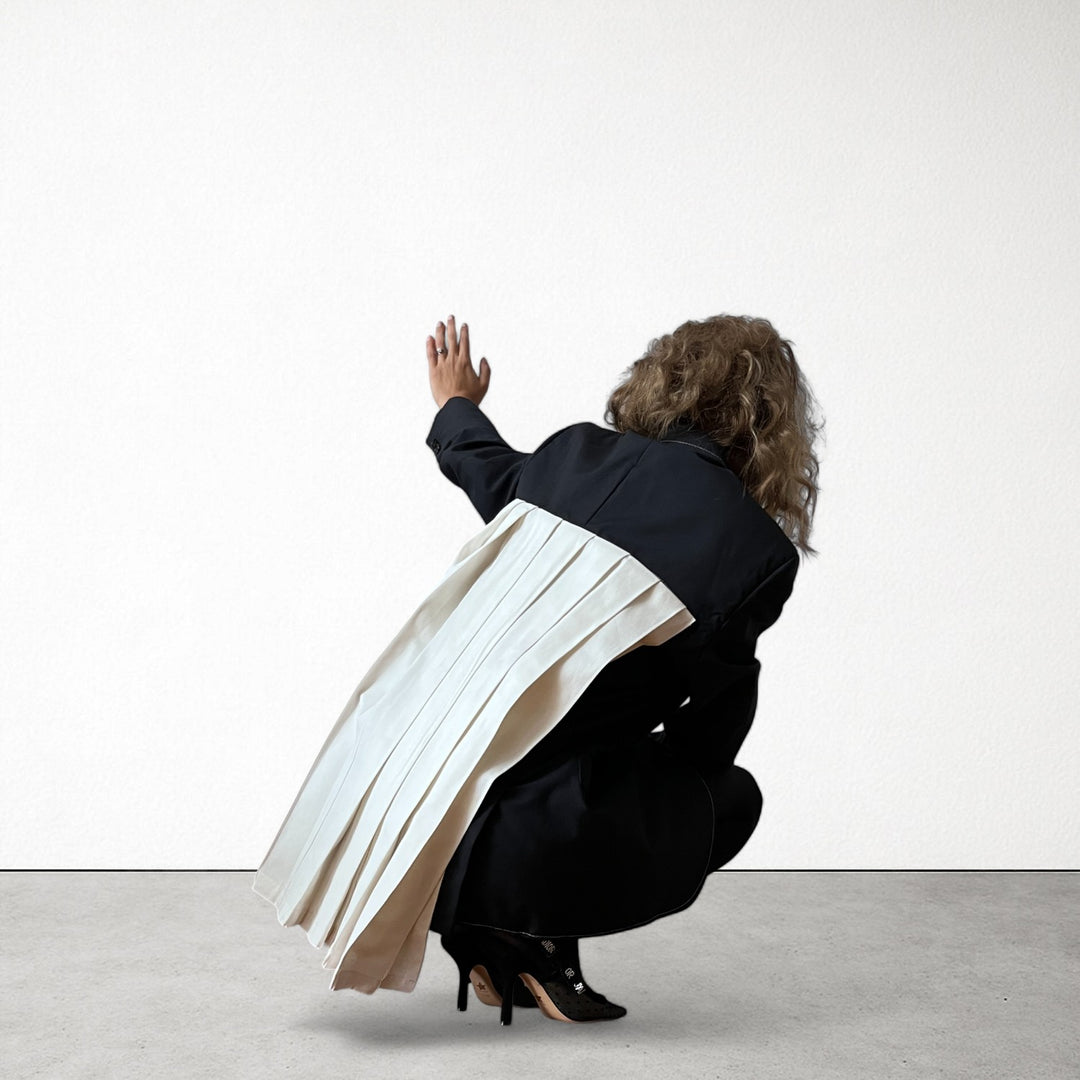 Reworked blazer with white pleated back appliqué